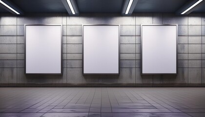 Wall Mural - underground billboards mockup with three vertical posters concrete wall 3d rendering