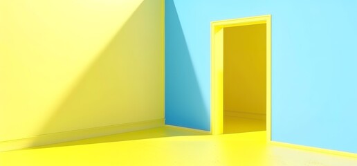 Wall Mural - Minimalist abstract interior design with yellow and blue walls and a yellow door. Geometric shapes and shadows add visual interest.