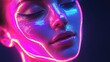 © Chano_1_na - A close-up view of a woman's face illuminated by vibrant neon lights, showcasing glowing patterns and a serene expression.