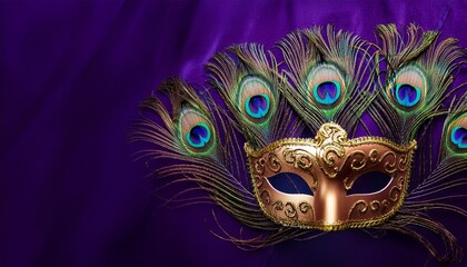 venetian carnival mask adorned with iridescent peacock feathers and intricate gold filigree mysterious eyes peek through ornate design set against deep purple velvet backdrop