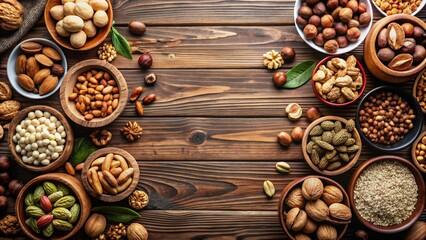 Poster - Top view of assorted nuts on wooden table, including walnuts, almonds