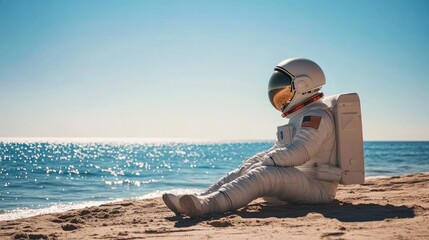 Wall Mural - An astronaut sitting and relaxing on a sunny beach with the ocean in the background, blending space exploration with leisure.
