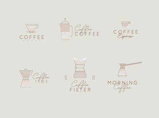 Wall Mural - Coffee linear labels with lettering cup, glass, french press, maker, filter, drip, turk, pot drawn with flat brown lines on grey background