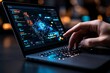 © Sanchai - Close-up of hand coding on laptop displaying holographic data and software interface. Technology and cybersecurity concept.