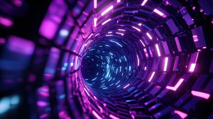 Poster - A purple and blue tunnel with neon lights. The tunnel is long and narrow, and the lights are bright and colorful. The tunnel seems to be a part of a futuristic or sci-fi setting, and the colors