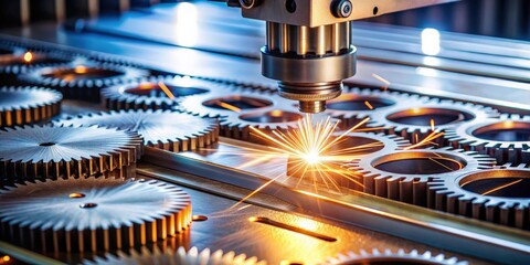 Close up of laser cutter cutting gears in steel sheet, laser cutter, cutting, gears, metal, steel, sheet