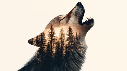 Wall Mural - A wolf is blowing its nose and has its mouth open. The wolf is surrounded by trees and the sky