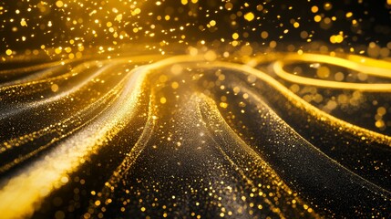 Poster - digital particles wave flow abstract motion technology background in gold color