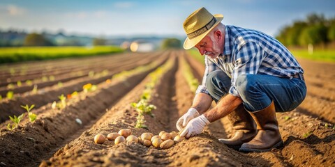 Farmer planting organic potatoes in a field , Agriculture, farming, farm, vegetables, organic, planting, harvest