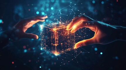Poster - Two hands reaching toward a glowing, digital cube in a dark, technology-themed environment