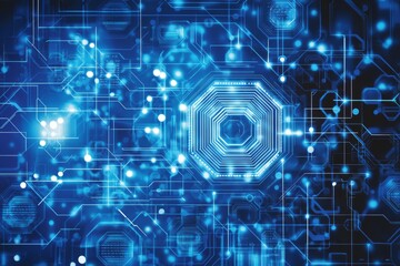 Poster - patterns of digital futuristic grid lines on a backdrop of abstract blue hi-tech technology.
