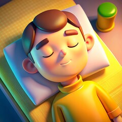 Wall Mural - 3D style cartoon character of a young adult man in a yellow sweater, lying on a bed with a peaceful expression, eyes closed, and hands tucked under the pillow