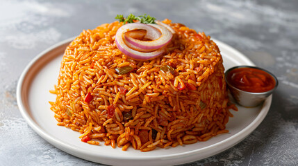 Wall Mural - Aromatic and flavorful jollof rice is served on a plate with a side of hot sauce