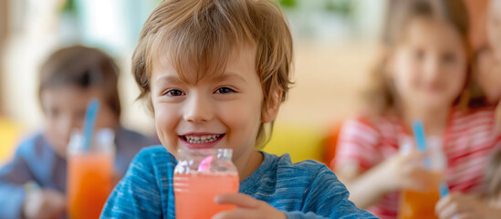 Cute little boy holding orange juice in his hand