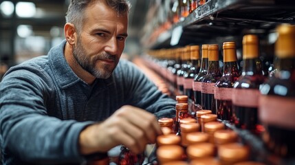 Poster - A man is looking at a shelf full of wine bottles
