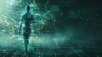 Poster - human figure in a geometric style set against a futuristic digital
