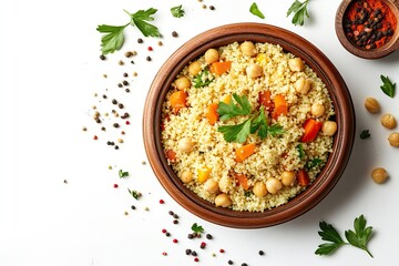 Wall Mural - Moroccan couscous with chickpeas and vegetables isolated on a white, top view