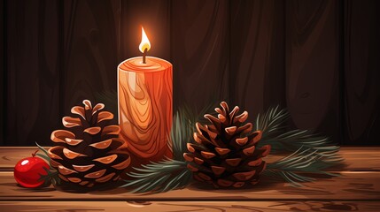 A burning candle with pine cones and evergreen branches on a wooden table.