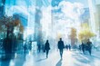 © James - double exposure of business people walking on busy street of modern city, office buildings corporate background, Generative AI
