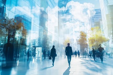 double exposure of business people walking on busy street of modern city, office buildings corporate background, Generative AI