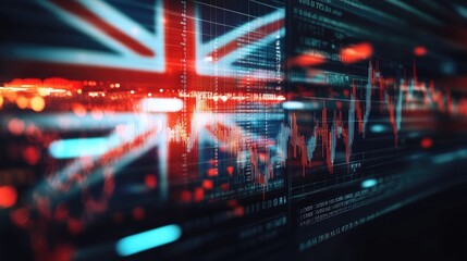 Poster - Double exposure image combining the UK flag with fluctuating stock market graphs, symbolizing economic trends and national impact.