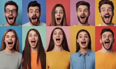 The collage of faces of surprised people on colored backgrounds. Happy men and women smiling. Human emotions, facial expression concept. collage of different human facial expressions, Generative AI