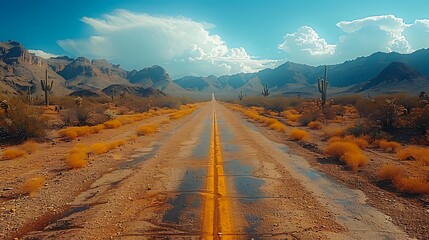 A long, empty desert road stretches into the horizon under a vibrant blue sky with scattered clouds, surrounded by rugged mountains and sparse vegetation perfect for road trip themes, adventure