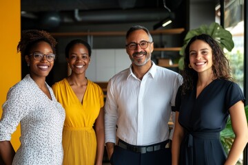 Smiling team of diverse businesspeople standing together in an office, Generative AI