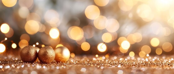 Wall Mural -  A tight shot of two gold balls atop a glistening surface, surrounded by a halo of twinkling lights in the backdrop