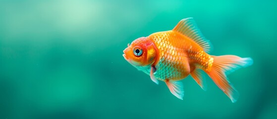  A goldfish, tightly framed, swims against clear blue water backdrop in an aquarium Green surrounding border