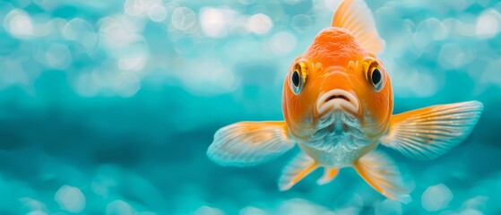  A goldfish gazes intently at the camera against a softly blurred backdrop of blue water