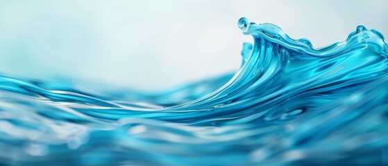  A tight shot of a blue wave, spray from white foam at its sides, light blue sky backdrop