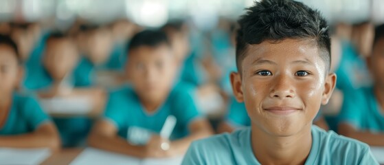 Sticker -  A young boy smiles in front of a class full of other boys, all wearing blue T-shirts, in a classroom setting