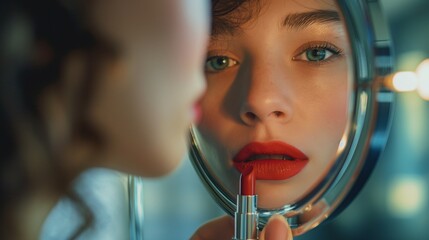 Wall Mural - Woman applying lipstick, mirror reflection