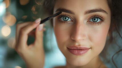 Wall Mural - Woman putting on mascara, makeup routine