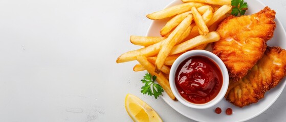  A white plate holds fish and fries Nearby, a bowl of ketchup and a lemon slice wait