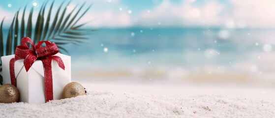 Wall Mural -  A white gift box, topped with a red bow, sits on the sand against the backdrop of a palm tree and beach