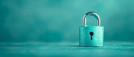  A blue padlock with a key atop, focus on lock and key; blurred backdrop