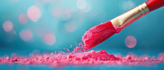 Poster -  A tight shot of a pink-powdered paintbrush against a blue backdrop, soft lights in the background blurred