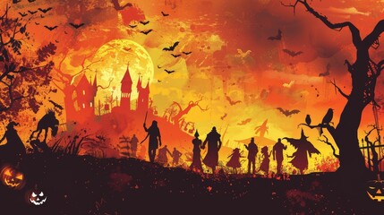 Wall Mural - Illustrate a Halloween party where guests are participating in a spooky scavenger hunt, searching for hidden items around the venue.