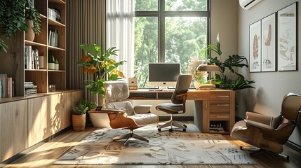 Canvas Print - A comfortable remote work hub with an ergonomic office chair, a spacious desk with efficient storage, calming neutral tones, large windows providing natural light, and simple, clean decor,