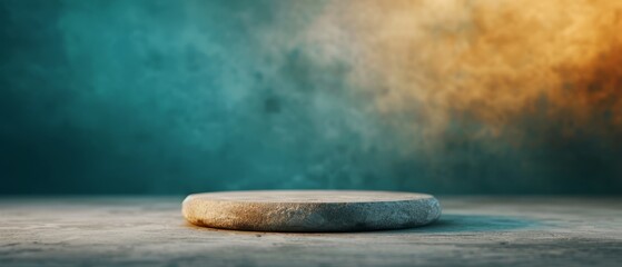 Poster -  A circular object rests atop a cement floor, before a backdrop of a blue-yellow wall with an indistinct background