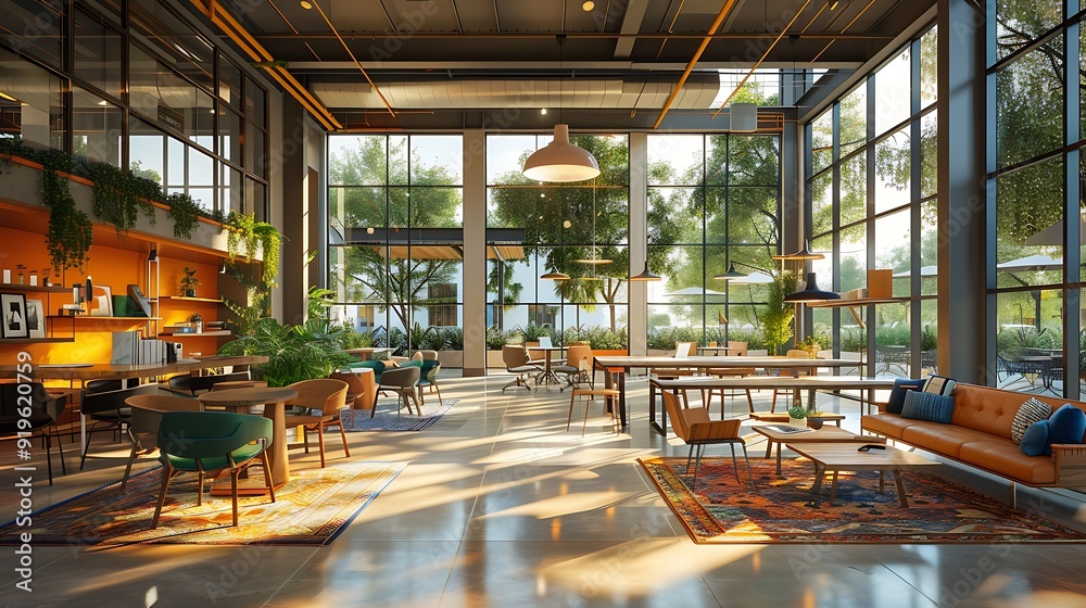 A dynamic co-working office with varied seating options including ...