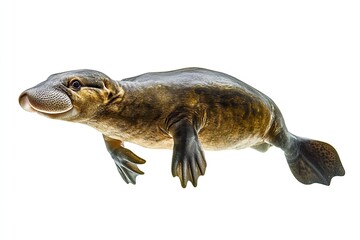 Platypus swimming and looking around isolated on a white background