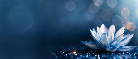 Wall Mural -  A white flower, focused closely, against a blue backdrop Background features soft, blurred lights