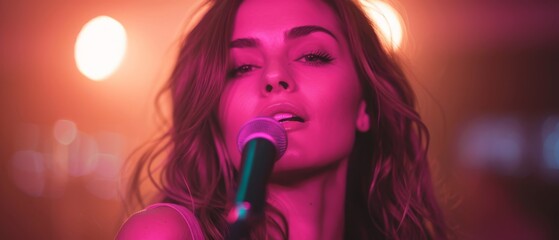 Wall Mural -  A woman, her long hair cascading around her, holds a microphone and sings, the stage bathed in bright lights behind her