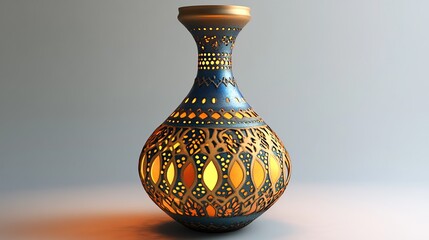 Intricate blue and gold ceramic vase with warm light shining through the decorative cutouts.