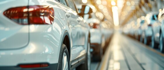 Wall Mural -  A row of white cars lines up in a parking lot against a sunny backdrop