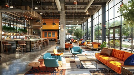 Wall Mural - A lively co-working space with diverse seating choices like communal tables, private pods, and lounge chairs, vibrant and modern decor, community zones for networking,