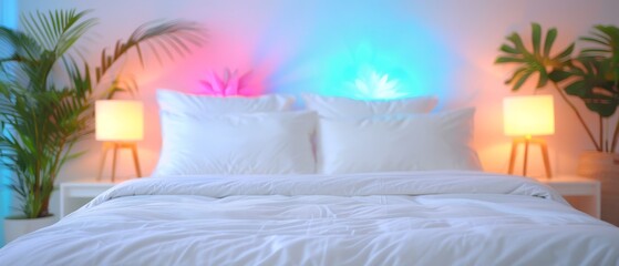 Wall Mural -  A bed featuring a white comforter, flanked by two table lamps, and set against palm tree backdrop